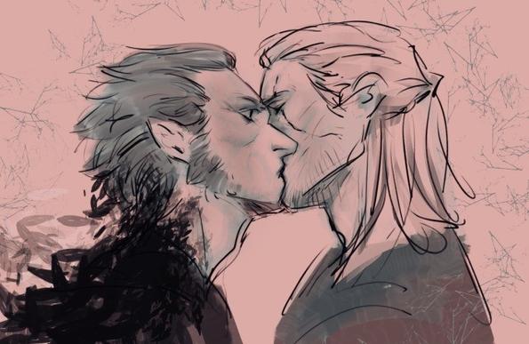 This is an art piece of a Geralt kissing Regis. Regis has sideburns and graying hair and Geralt has long white hair and a scar over his left eye.