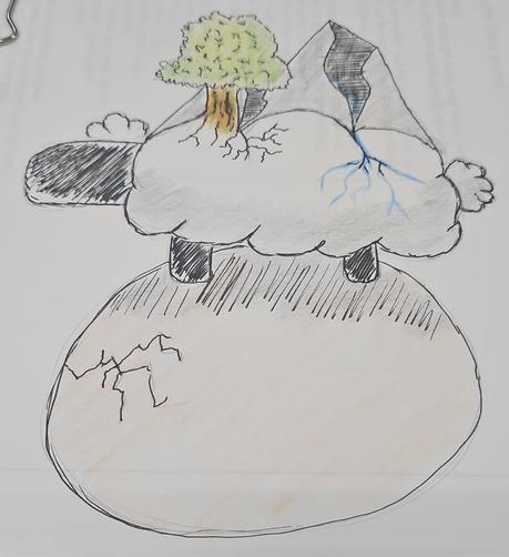 a drawing of a sheep standing on a giant egg, with a tree and mountains growing out if its back.