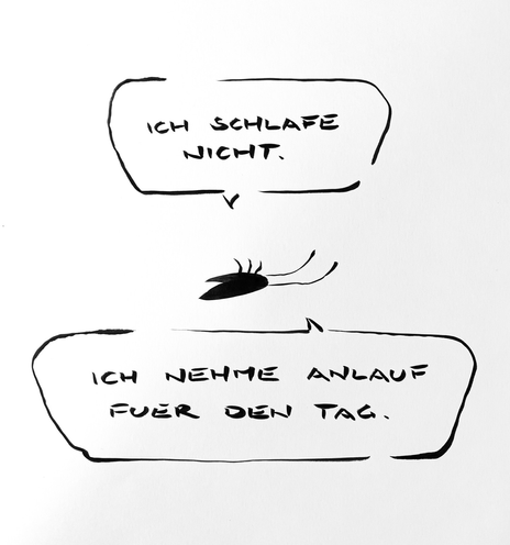 Cartoon aus wenigen schwarzen Tuschestrichen. Eine Schar liegt auf dem Rücken und sagt: ich schlafe nicht. Ich nehme Anlauf für den Tag.