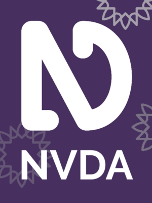 Mockup of NVDA box with stylised NVDA logo and text NVDA in white on purple with grey sunburst designs around edge