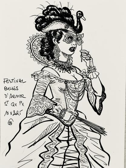 A detailed ink drawing of Esther in elaborate historical clothing, featuring a dramatic hairstyle with a swan ornament and ornate accessories. She wears a mask and holds a decorative fan, evoking a sense of elegance and mystery, with the text "Festival Bulles d’Armor St Quay Portrieux 18V 2025”