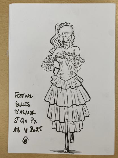 The image features a black and white illustration of Erié undressing her frilly dress with a corseted top while walking. She has long hair styled with curls and is standing with a graceful pose. Below the illustration, handwritten text indicates "Festival Bulles d'Armor St Qx PX 18V 2025