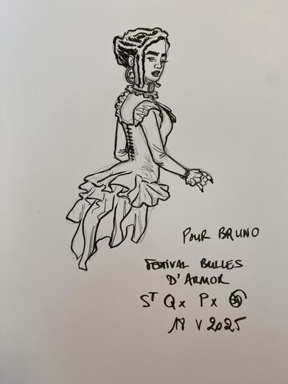 A black and white sketch of Esther in a vintage dress with ruffles, looking back over her shoulder. The drawing includes the text "Pour Bruno," "Festival Bulles d'Armor," and a date reference of "18 V 2025