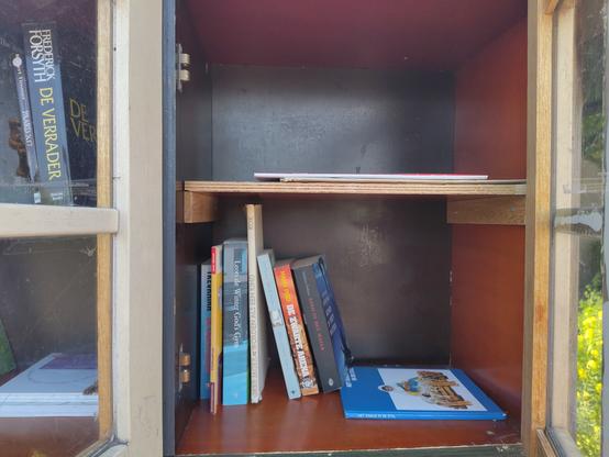 De boeken achter het rechter deurtje: een halfvolle plank, een lege