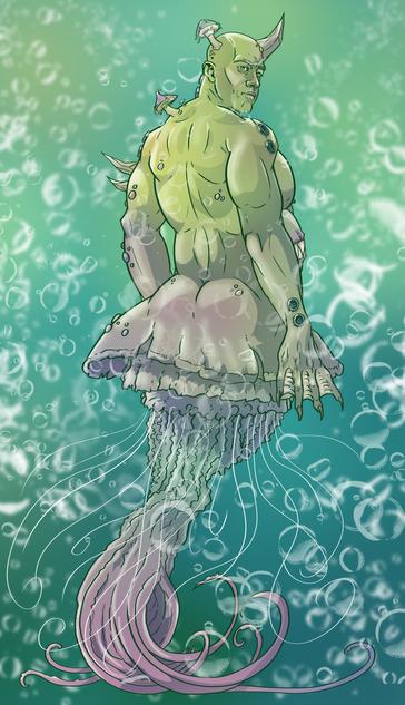 Coloured ink drawing of a jellyfish-merman-Plague-Marine facing away from the viewer showing of his glorious back. He is mostly green and purple and has lots of fungi and sores.