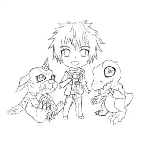 Sketch of Takuto with his two digimon partner, Agumon & Gabumon