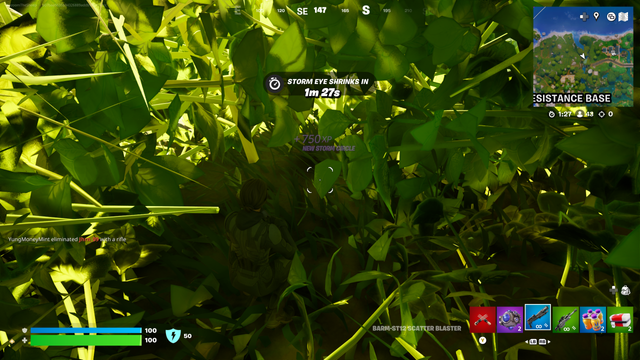 Screenshot from fortnite with my avatar dressed in the Chani skin, crouched hiding in a bush. She is right there in the center of the image but you can barely see her because the earth grey stillsuit she is wearing blends in perfectly with the foliage.