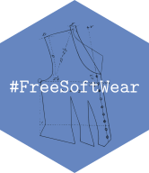 A powder blue hexagon with a sewing pattern in the background and a prominent white #FreeSoftWear in monospaced font