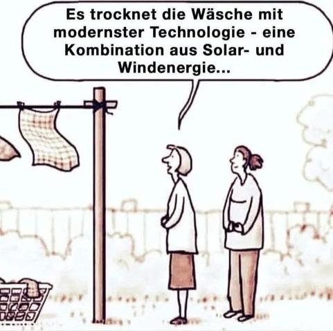 Das Bild zeigt zwei Frauen in einem Garten, die vor einem Waschleinen stehen. Auf dem Leinen hängen zwei Wäscheartikel zum Trocknen. Eine Frau spricht in einem Sprechblasen, der den Text "Es trocknet die Wäsche mit modernster Technologie - eine Kombination aus Solar- und Windenergie..." enthält. Im Hintergrund ist ein Zaun und einige Bäume zu sehen