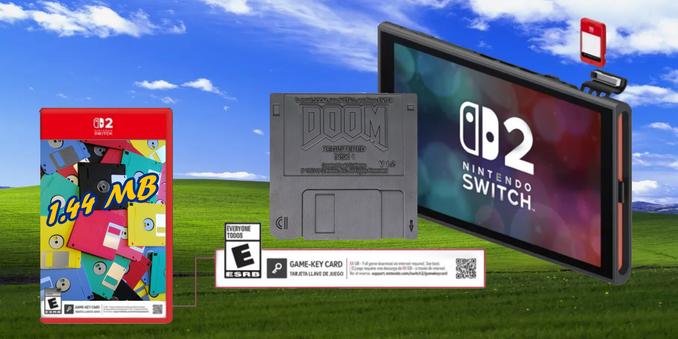 Windows XP background with blue skies and green grass, with a Nintendo Switch 2 and Game-Key Card cartridge being inserted, and a Doom for PC on a 3'1/2" Floppy Disk.