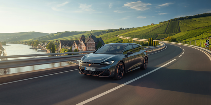 A photograph of a sleek black Cupra Born driving along a modern highway in the Rheingau region. The car, with its distinctive copper accents, gracefully navigates the curve of the road, showcasing the scenic views of the Rhine river, charming half-timbered houses, and sprawling vineyards. Lush green hillsides roll into the distance under a bright blue sky, while the sunlight reflects off the car's polished surface, symbolizing a transition to electric mobility. The composition balances the car's dynamic presence with the serene beauty of the surrounding landscape, creating a sense of harmonious innovation.