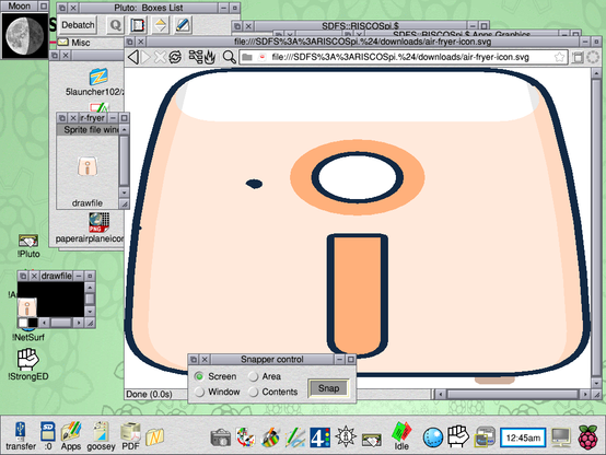 RIDC OS screenshot. Most of the screen is showing a web browser (NetSurf) showing a simple drawing of an air fryer -- a rounded beige-pink box with a handle below a big white circle in the center.

There are 2 tiny windows showing the final icon, which looks the same but is tiny.