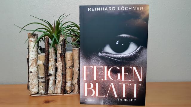 Auf einer hellbraunen Holzfläche vor einer grauen Wand steht das Buch aufrecht. Links hinter dem Buch befindet sich eine Vase aus Baumrinde mit einer grünen Sukkulente. Das Buchcover zeigt vollflächig ein Foto: In Großaufnahme ist das rechte Auge und ein Teil der Nase einer Schwarzen Person zu sehen. Ganz oben am Rand steht mittig der Autorenname in weißen Großbuchstaben. Im unteren Bereich des Covers befindet sich der zweizeilige Buchtitel „FEIGEN – BLATT“, ebenfalls in weißen Versalien, mit roter Kontur und Schattierung. Links unter dem Titel steht in weißer Schrift der Name des Verlags, ganz rechts daneben der Zusatz „THRILLER“.