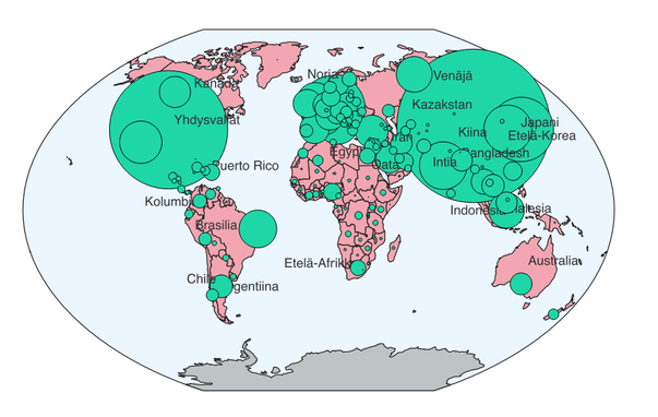 Qgis world map in Winkel Tripel with green bubbles corresponding to industrial output by country but the scaling is off so it is more bubbles than map