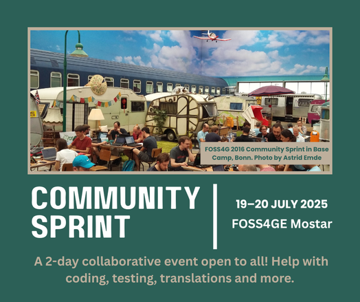A graphic introducing FOSS4GE Community Sprint.