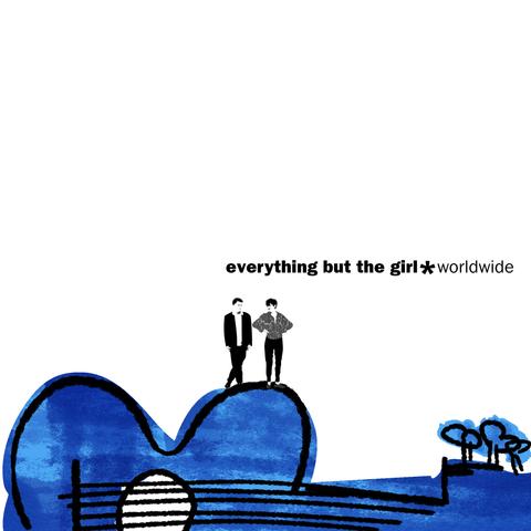 Album cover for Everything but the Girl's 1991 release "Worldwide". A photo cut-out of Ben and Tracey standing on top of a painted guitar across the bottom part of an othewise white square. Title text set in Franklin Gothic. Drawn using Affinity Designer on iPad.