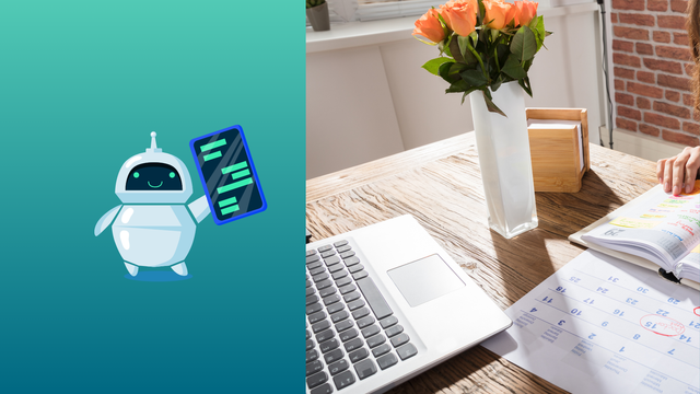 Das Event-KaDi auf der linken Seite hält sein Smartphone hoch, während rechts ein Schreibtisch mit Blumen, Notebook und Terminkalender zu sehen ist.