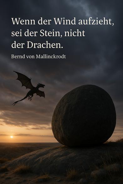 Ein großer, runder Fels liegt unbewegt auf einer trockenen Anhöhe, während im Hintergrund ein Drachen in Form eines geflügelten Ungeheuers vom Wind getrieben wird – gefangen an einer unsichtbaren Leine. Die Szene spielt sich bei Sonnenuntergang ab, mit einem dramatischen Himmel, der zwischen Dunkelheit und Licht schwankt. Das Bild symbolisiert den Kontrast zwischen standhafter Integrität (Fels) und abhängiger Anpassung (Drachen). Die Ästhetik erinnert an mythische Prüfungen am Übergang zu neuen Zeitaltern.🖖