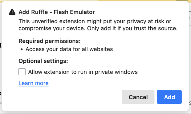 Screenshot from Firefox Nightly show that the nightly build of the Ruffle xpi from https://ruffle.rs/downloads can be installed after about:config settings are set to false.

⚠️ Add Ruffle - Flash Emulator
This unverified extension might put your privacy at risk or compromise your device. Only add it if you trust the source.

Required permissions:
• Access your data for all websites

Optional settings:
☐ Allow extension to run in private windows
