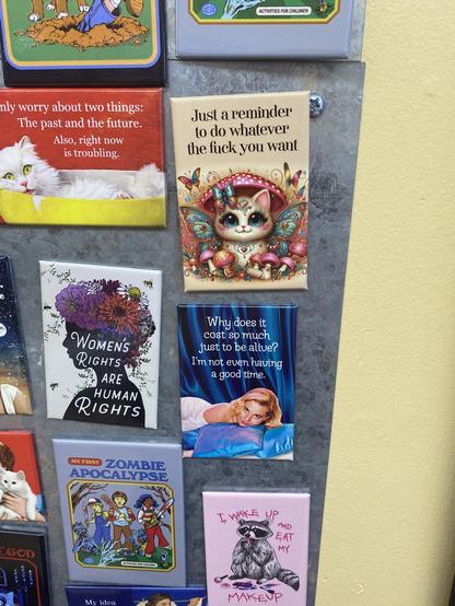 A magnet showing a smiling cat with butterfly wings.