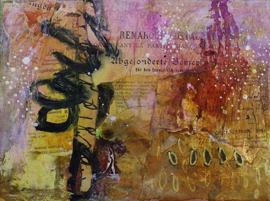 Kleines abstraktes Bild auf Holz in rot/orange Tönen mit wilden Zeichen in schwarzer Tusche.