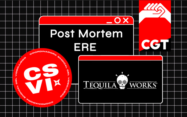 Cartel introductorio al hilo en redes sobre el proceso del ERE dentro de Tequila Works con los logos de la CGT, CSVI, y la empresa.