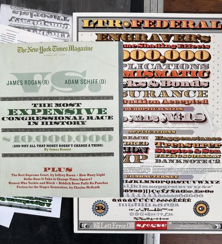 A
 Over of the New York Times
Magazine showing LTR Federal. On a separate page, a promotional poster for the same fonts. Very colorful shading effects.