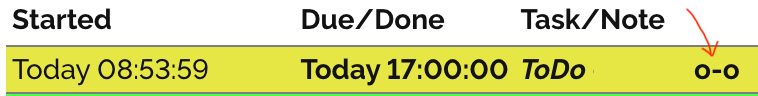 Screenshot of the Task/Note Log with a note showing a ASCII eye emoji as a reminder to check in on my issue at 17:00