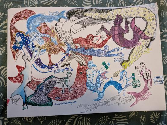 A page full of many merfolk of different kinds, in lots of different inks.
