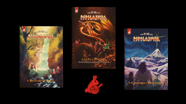 Tres libros de rol: La guía de Polibio, El grimorio de Diáktrosos y El bestiario de Pitias.