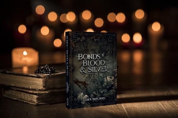 Antique precious Bible, Holy rosary in a pile on top of it so you cannot tell what the book or the rosary is, only get a sense of sacredness and age. The background is blurred and full of lit candles. The antique silver cover of Bonds of Blood and Silver is standing up in front of this, in a mockup paperback form.