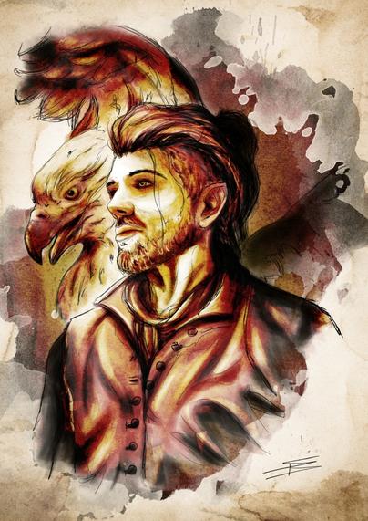 Image of Skjall and an eagle head behind him. Skjall has his hair shaved on the sides and pointed ears. It is a watercolour style sketch in muted yellow and brown tones.