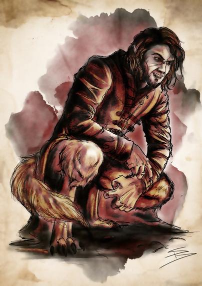 A crouched figure shifting from man to wolf, in a coat with buckles across the front. His face is still human (ish) with a beard and wolf teeth bared. His hands are clawed, and his lower half is all wolf, with a tail.