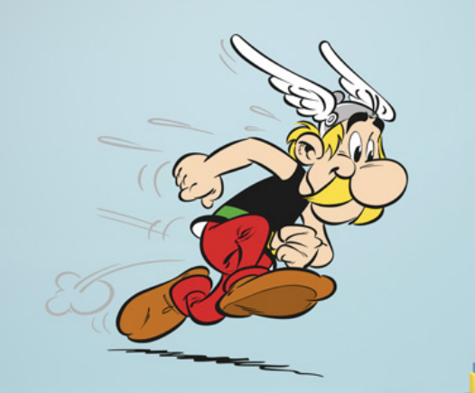 Image of Asterix the Gaul running forwards against a blue background.