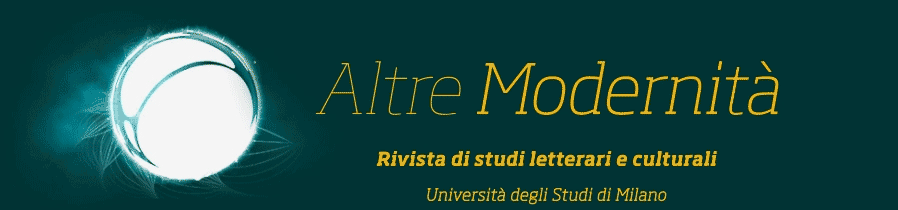 L'immagine presenta un banner con uno sfondo verde scuro. Al centro, in caratteri dorati, si legge "Altre Modernità", seguito da "Rivista di studi letterari e culturali" in caratteri più piccoli. In basso, in caratteri ancora più piccoli, si trova "Università degli Studi di Milano". A sinistra, c'è un simbolo luminoso che sembra un globo o una sfera bianca con linee sottili che si estendono verso l'esterno, creando un effetto di luce. Il design è elegante e minimalista, con un contrasto netto tra il verde scuro dello sfondo e il dorato del testo.
