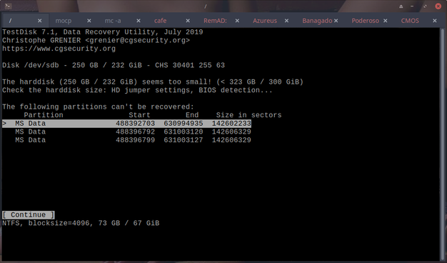 The image shows a terminal window displaying the output of the TestDisk 7.1 data recovery utility. The utility is running on a Linux system The top of the window contains the utility's name, version, and copyright information, along with the author's email address and website. Below this, the utility is analyzing a hard disk identified as /dev/sdb, which is reported to have a capacity of 250 GB, but the utility suggests it might be 232 GB, 323 GB, or 300 GiB. The utility notes that the hard disk size seems too small and suggests checking the hard disk size, HD jumper settings, and BIOS detection.

The output lists three partitions that cannot be recovered, all labeled as "MS Data" and formatted as NTFS with a block size of 4096. The partitions are shown with their start and end sectors, and their sizes in sectors. The first partition starts at sector 488392703 and ends at sector 630994935, with a size of 142602233 sectors. The second partition starts at sector 488396792 and ends at sector 631003120, with a size of 142606329 sectors. The third partition starts at sector 488396799 and ends at sector 631003127, with a size of 142606329 sectors. The total size of these partitions is 73 GB, but the utility notes that it is 67 GiB.

At the bottom of the window, there is a prompt asking the user to "Continue," indicating that the user can proceed with the recovery process or exit the utility. 

Ovis2-8B

🌱 Energy used: 0.410 Wh