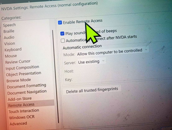 Picture of NVDA Remote settings showing NVDA Remote enabled with shades of orange, purple and turquoise in the corners