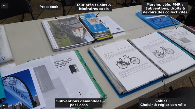 Table avec documentation :
- Subventions, droits et devoirs des collectivités pour permettre #marche et #vélo
- Cartes : coins et itinéraires agréables tout près d'ici
- Choisir, régler son vélo
- Subventions demandées par l'association
- Pressbook