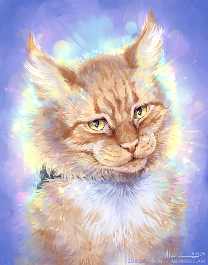Painted portrait of an orange tabby maine coon with yellow eyes and a pink nose, surrounded by soft yellow light on a blue-purple backdrop. A harness is slightly visible through his fur.
