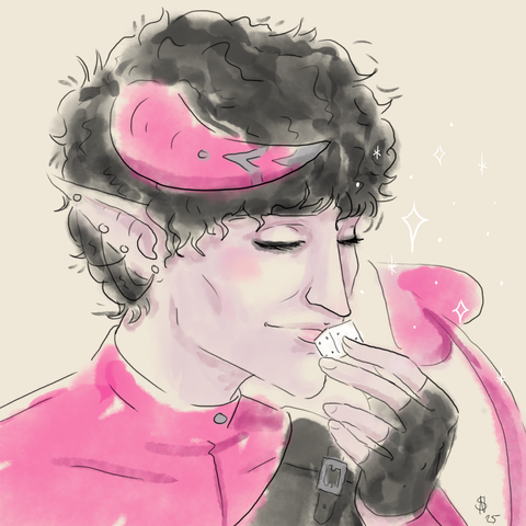 A digital watercolor portrait of a tiefling with black hair, pale skin and hot pink horns, he is holding a die to his lips and his hot pink tail is peeking out behind his hand the tail tip is heart shaped, he is wearing hot pink high collared shirt, black leather breast protection, short black fingerless gloves and silver ear and horn adornments