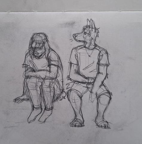 A sketch of two anthro dogs sitting next to each other. A shaved poodle on the left is curled up with his head down, his eyes covered by a baseball cap. Next to him is a german shepherd, who is sitting in a way more relaxed position, looking at the poodle worried.