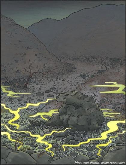 Illustration by Matthew Meyer if a stone with a beastly shape surrounded by yellow gasses.