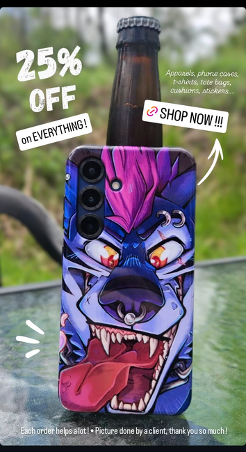 Picture of a phone's case with a Mlice's design printed on ; some information about a 25% discount on RedBubble is written around