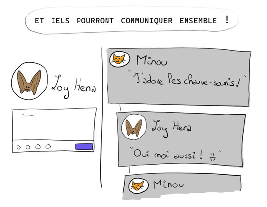 "et iels pourront communiquer ensemble !", sur mastodon, chauve-souris et petit chat se parlent en s'envoyant des messages, Minou dit "j'adore les chauve-souris !" et Loy Hena réponds "Oui moi aussi"
