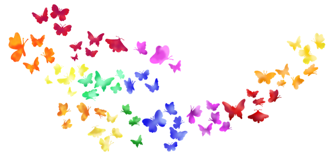 Design queer représentant une nuée de papillons aux couleurs de l'arc-en-ciel.