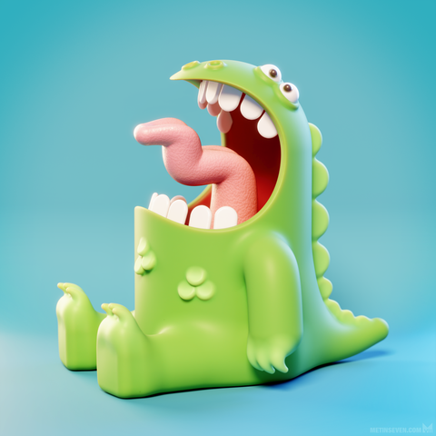 3D rendering of a whimsical, cartoon-style Godzilla monster model.