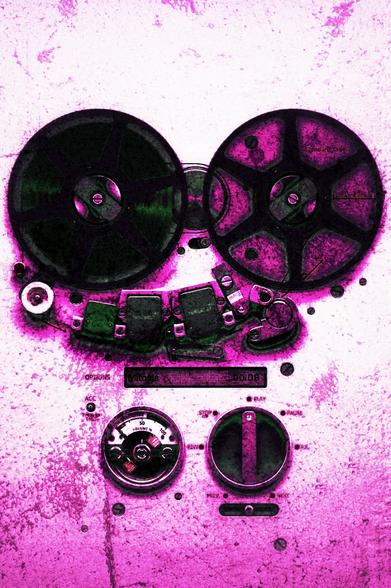 Mixed software edit old school 1960s mastering deck reel to reel. Pink and black textures on white.