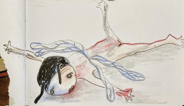 A figure drawn in coloured pencil, half human, half insect, lies flat on the floor.