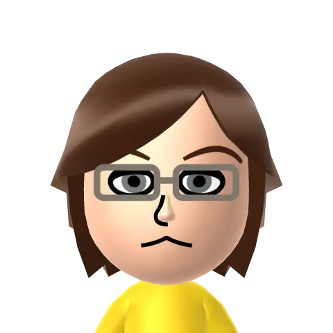 A Nintendo Mii version of myself, a humanoid masc-presenting character with long hair and grey glasses