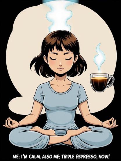 A woman meditating: ME: I'M CALM. ALSO ME: TRIPLE ESPRESSO, NOW!